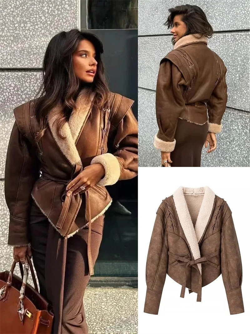 

Faionable American Sle Suede Lamb Fur Jaet with Belt ort Outerwear for Women Autumn Winter New Arrival