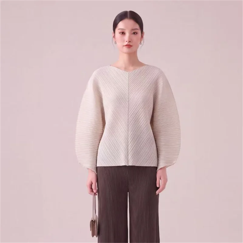 Women Beige Miyake Pleated Top V Neck Batwing Long Sleeve Loose Wrinkle Resistant Casual Blouse