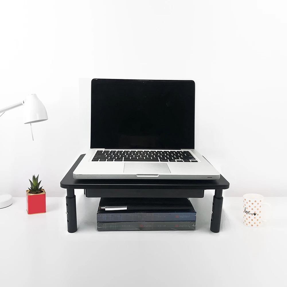 Penyangga Monitor dengan Laci, Penyangga Komputer Logam, Penyangga Monitor Komputer dengan 3 Tingkat Ketinggian yang Dapat Disesuaikan untuk Desktop Rumah