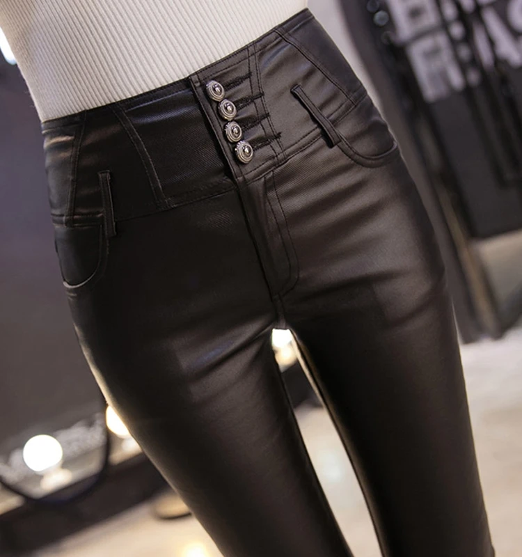 

Модные кожаные брюки с высокой талией, матовые уличные брюки с четырьмя пуговицами, женские повседневные брюки, длинные брюки, летняя коллекция