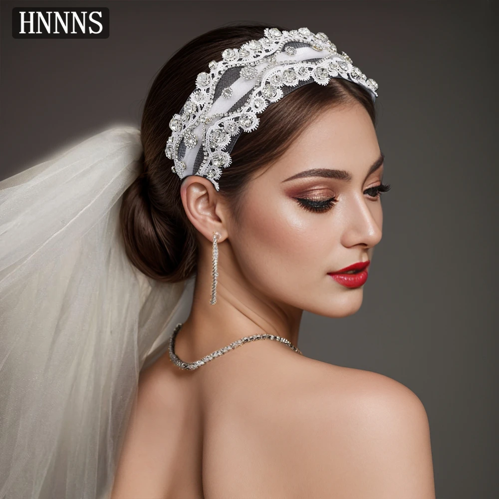 

HNNNS Bridal Wedding Dress Hair Accessories Lace Wide Brimmed Headwear Bling Rhinestone Headpiece Unique Design Headdress A218