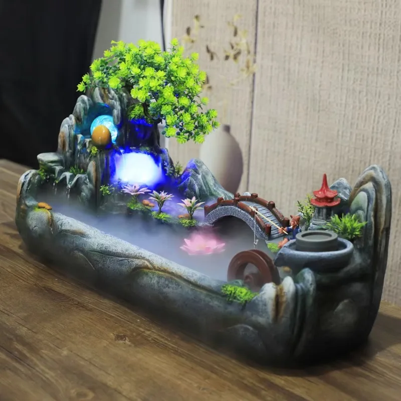 Water Fountain Indoor Waterfall Feng Shui Ornament Resin Rockery Fog Fish Tank Waterwheel Ball Crafts Home Decor Mountain