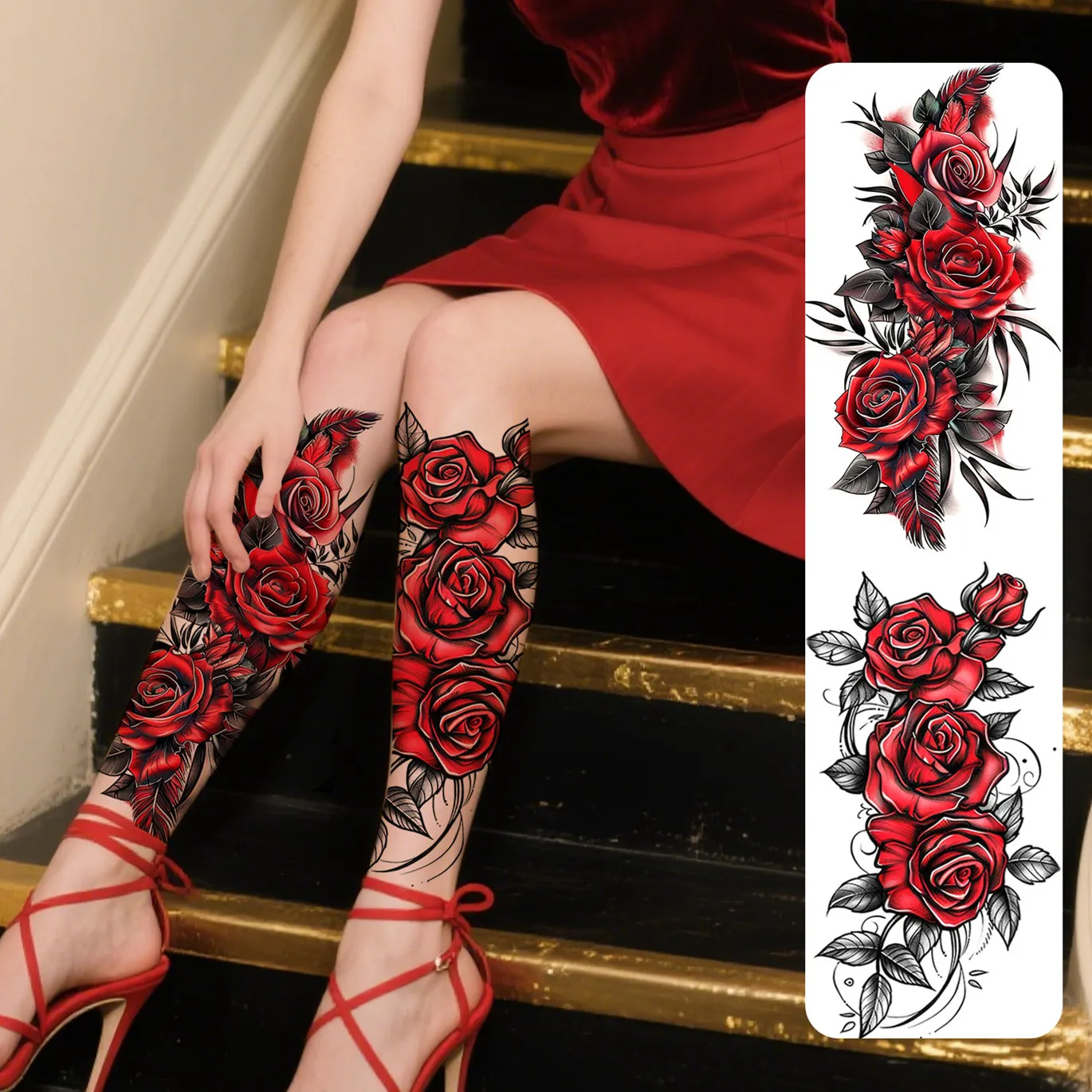 

2 шт., временные татуировки с красными и черными цветами для женщин, водонепроницаемые и долговечные поддельные татуировки для рук, ног и груди