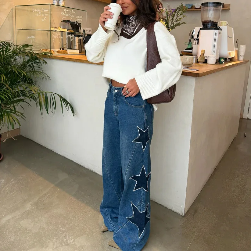 Jean en denim pour femme, vintage, coupe large, long, imprimé, taille haute, droit, style Y2K, streetwear, décontracté, ample, 2026