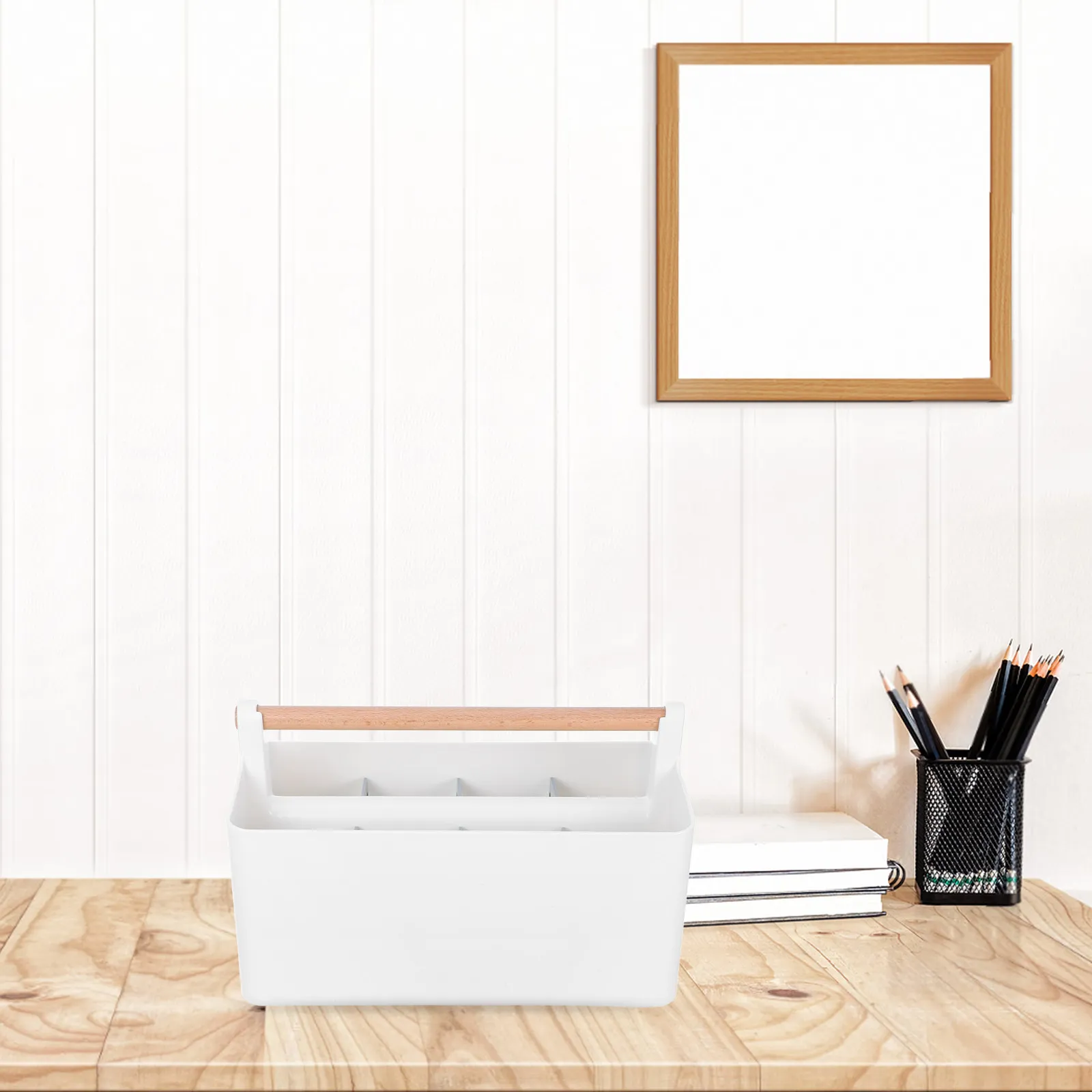 

Прочная переносная корзина из ПП и дерева с эргономичной ручкой и регулируемыми разделителями для офисного стола, ванной комнаты, душа, колледжа, детских поделок