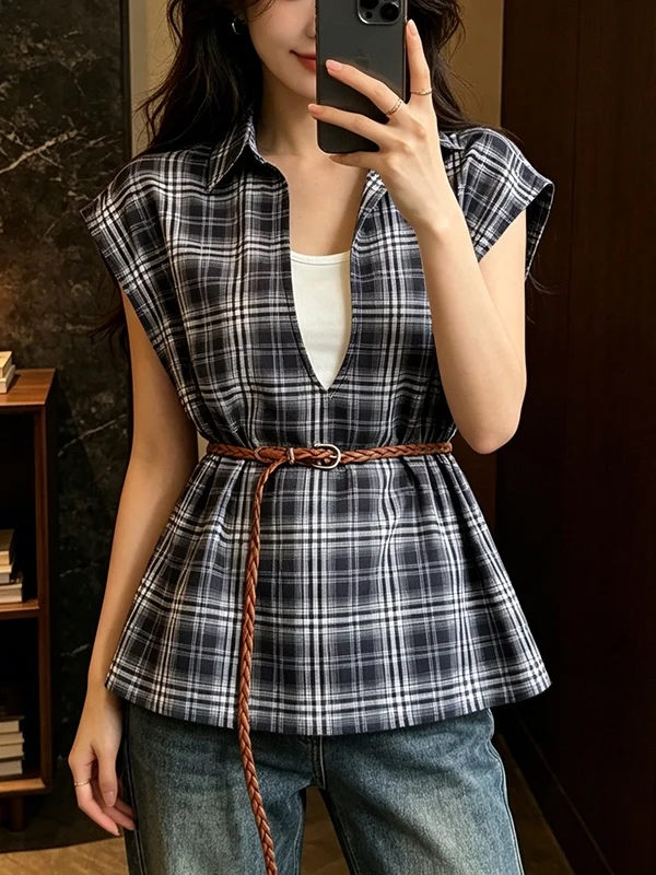 

plus Size Women's Shirt V-Neck Plaid Slimming Top Summer 2026 Korean Style Commute Fashion Short Sleeve Age-Defying Fly Sleeve