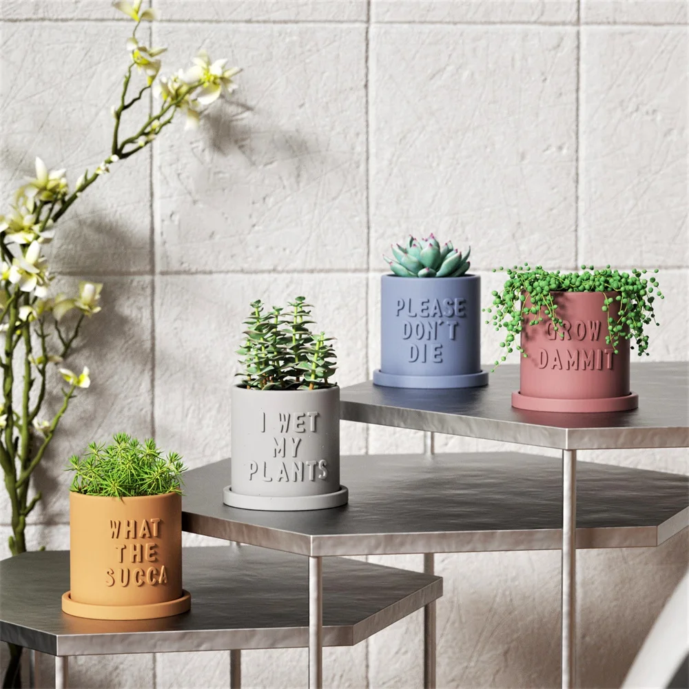 Round Concrete Planter with Words Silicone Mold DIY Cement Candle Jar Mould Fun Succulent Flower Pot Storage Making Tool