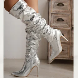Eilyken Street Style Silver Women Knee High Boots Sexy Pointed Toe Thin High Heels Long Side Zipper Female Shoes