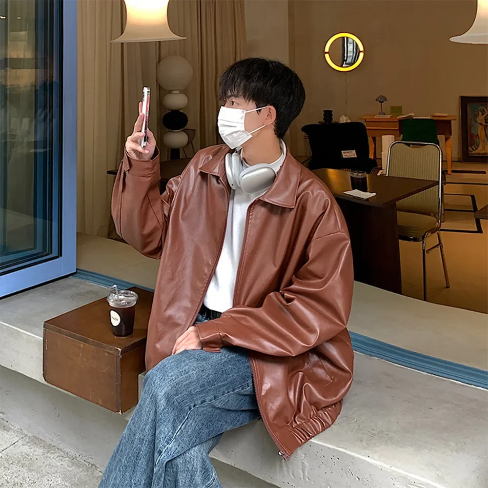 Men's Loose Simple Basic Brown Black Solid Color Turn-down Collar Zipper Casual Trendy Faux Leather Jackets American Coats Tops