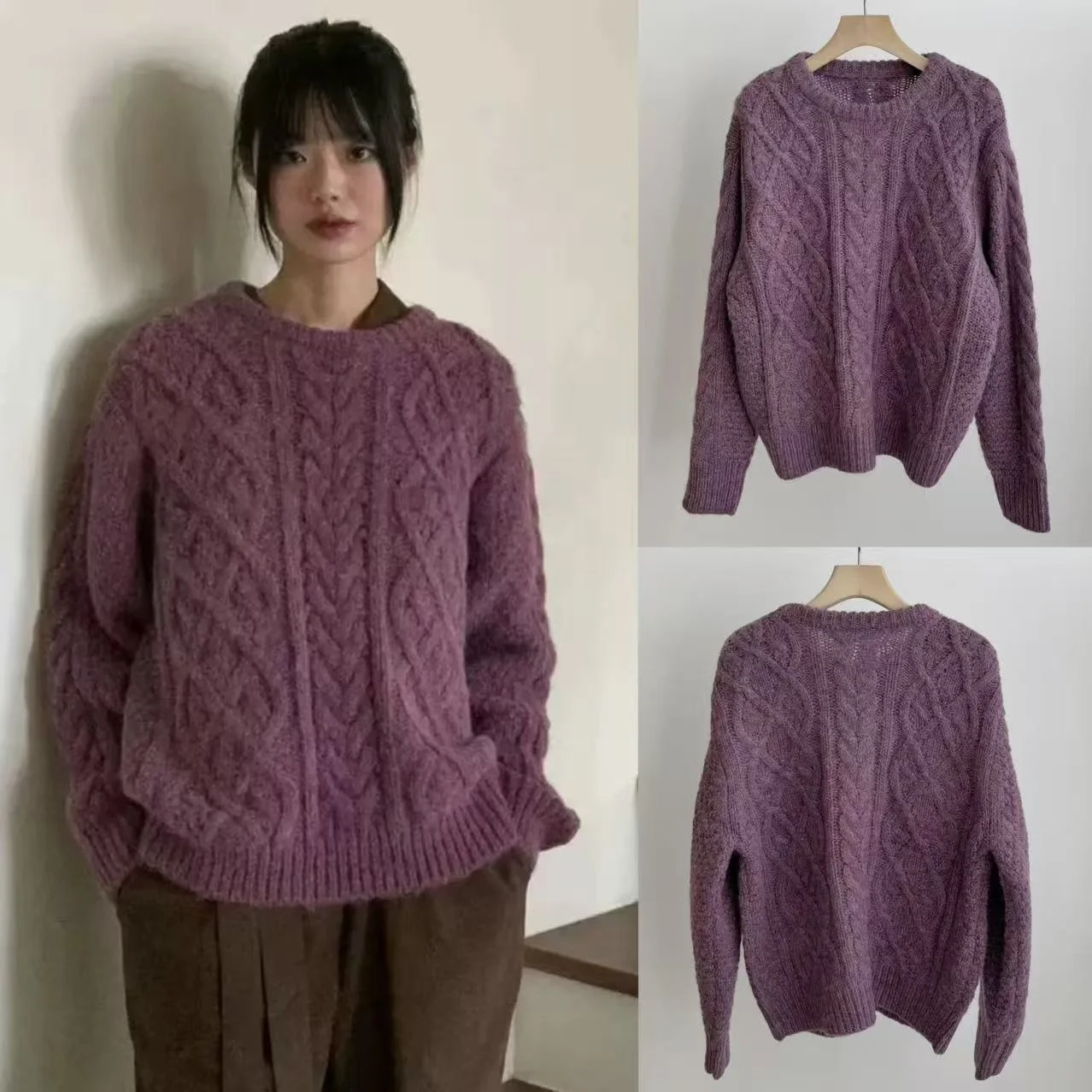 

Loose Knitted Sweater Purple Taro Lazy Sle Dongdaemun Knitwear Vintage Floral Texture Women's Long Sve round Ne Top