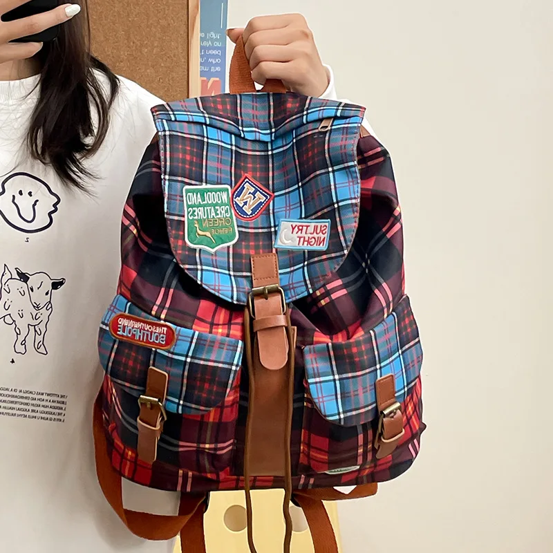 Students High-capacity Plaid School Backpack Multi Pocket Nylon Cloth Eco-friendly Unisex Rucksack Sweethearts Travel Knapsack