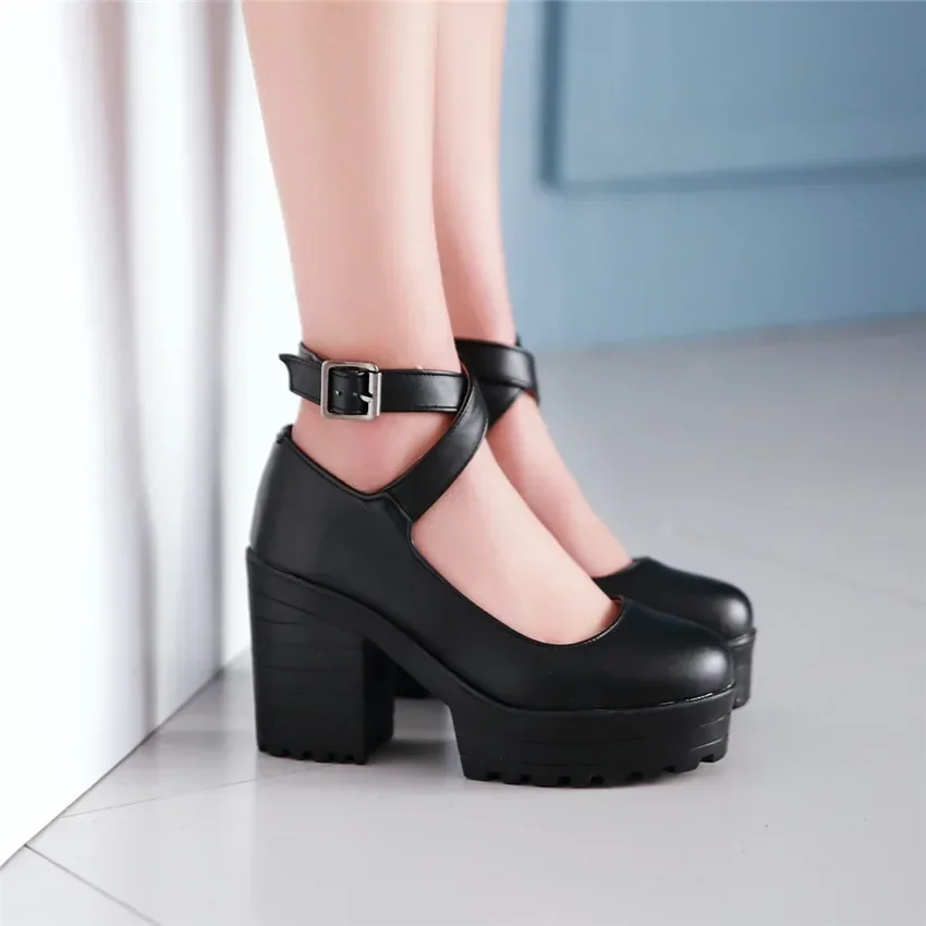 Woman Platform Pumps White Black Red Quality PU High Thick Block Heels Casual Party Dress Buckle Ankle Strap Vintage Lady Shoes