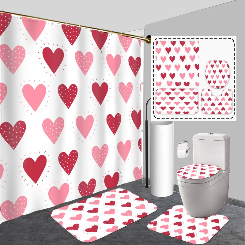 Valentine's Day Love Heart 4pcs Shower Curtain Set with Hooks - Waterproof, Non-Slip Bathroom Rug, U-Shape Toilet Mat & Lid Cove