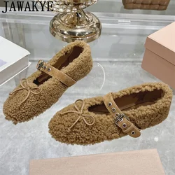 JAWAKYE Real Wool Flat Shoes Women Low Heel Ballet Dance Shoes Winter Luxury Fluffy Shallow Mouth Mary Jane Walking Shoes Woman