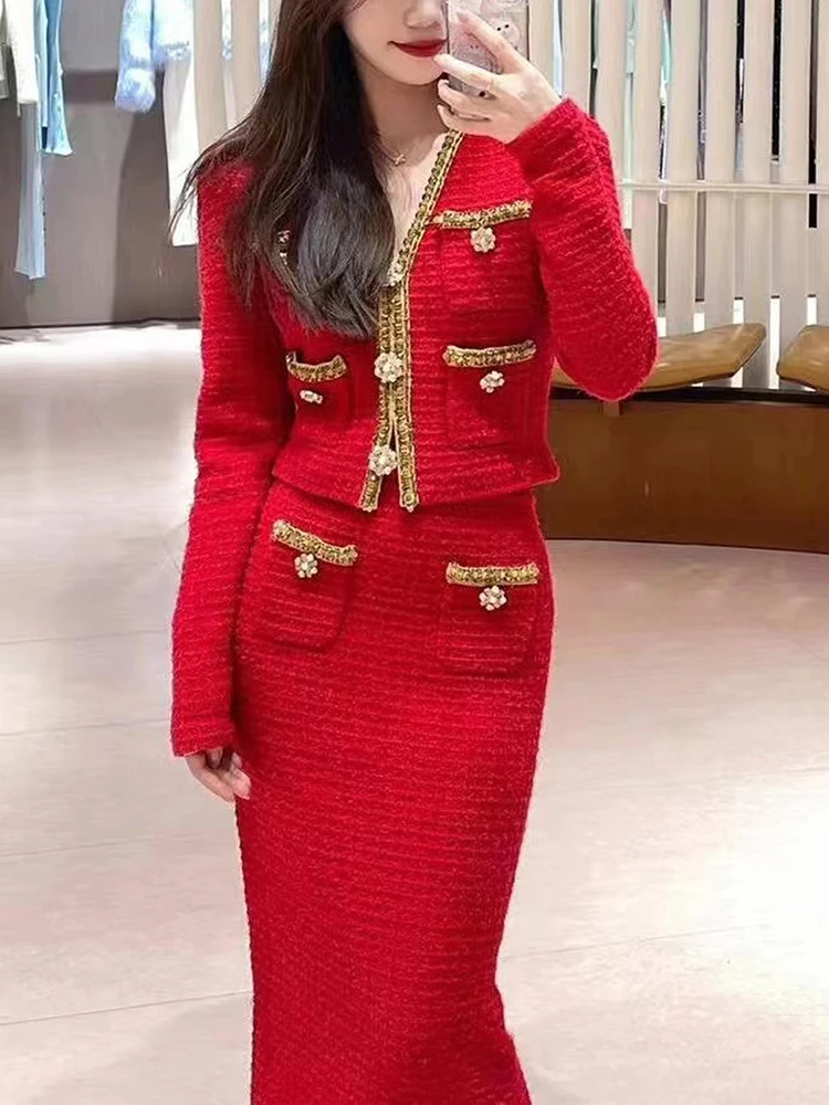 VGH Red Color Chic Two Piece Set For Women V Neck Long Sleeve Patchwork Diamond Button Jacket Slim Skirt Formal Suit Female New