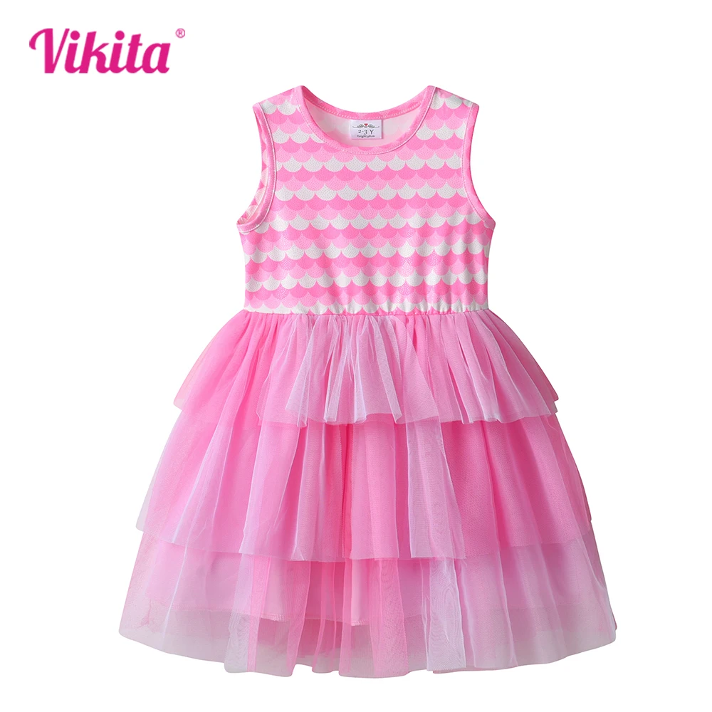 

VIKITA Kids Sleeveless Summer Dress Kids Pink Tutu Dresses Girls Layered Tulle Birthday Party Casual Dresses Children Clothes