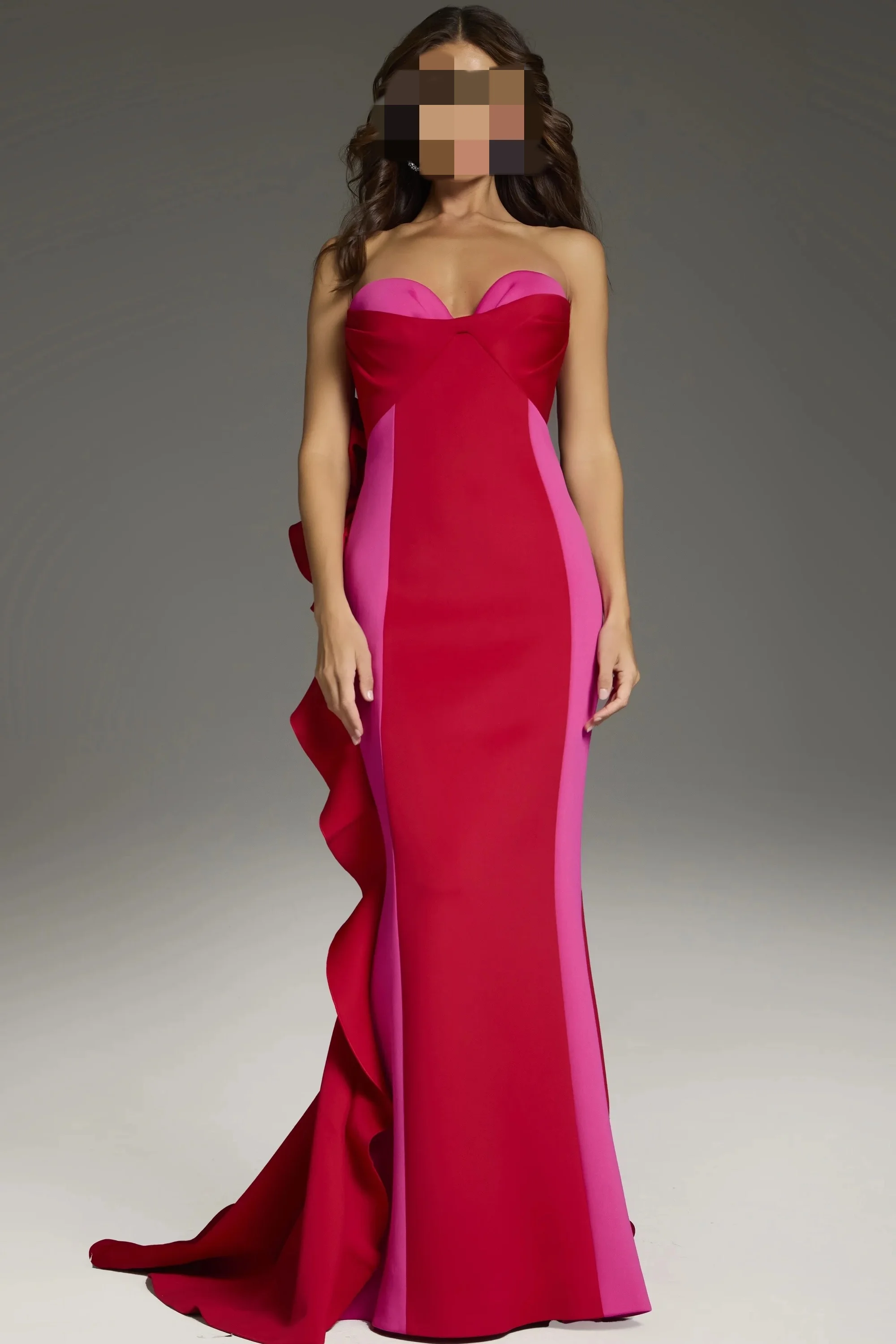 

red mermaid gown strapless evening dress ruffled train formal party dress modern elegant sexy floor length fitted fashion dress