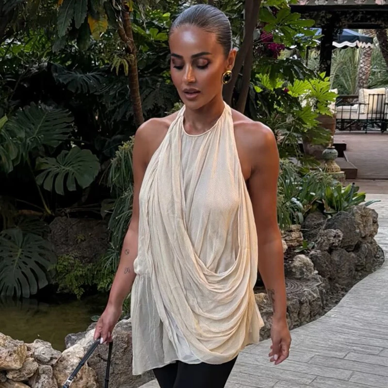 HXAO Asymmetrisches Rüschen-Neckholder-Top für Damen, Sommer 2026, sexy gepunktetes schulterfreies ärmelloses drapiertes rückenfreies Top, lässige Resort-Westen – Detail 10