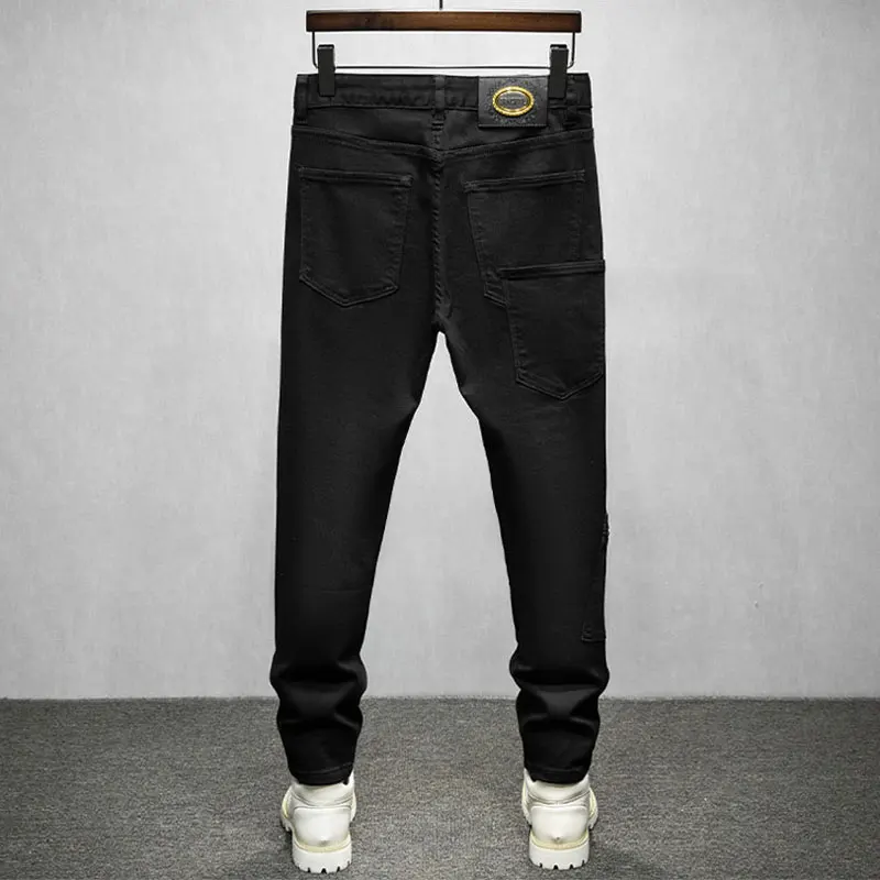 Street Fashion Men Jeans Black Stretch Slim Fit Spliced Designer Biker Jeans Homme Zipper Pocket Hip Hop Denim Pencil Pants Men