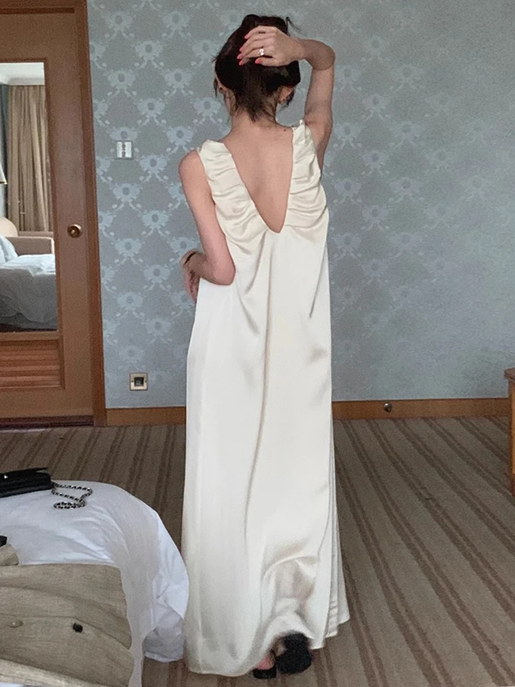 

Ele V-Ne Long Over-Knee Vest Dr Women's Loose Fitted High Waist Korean Sle Summer Dr with Pleated Ba Design