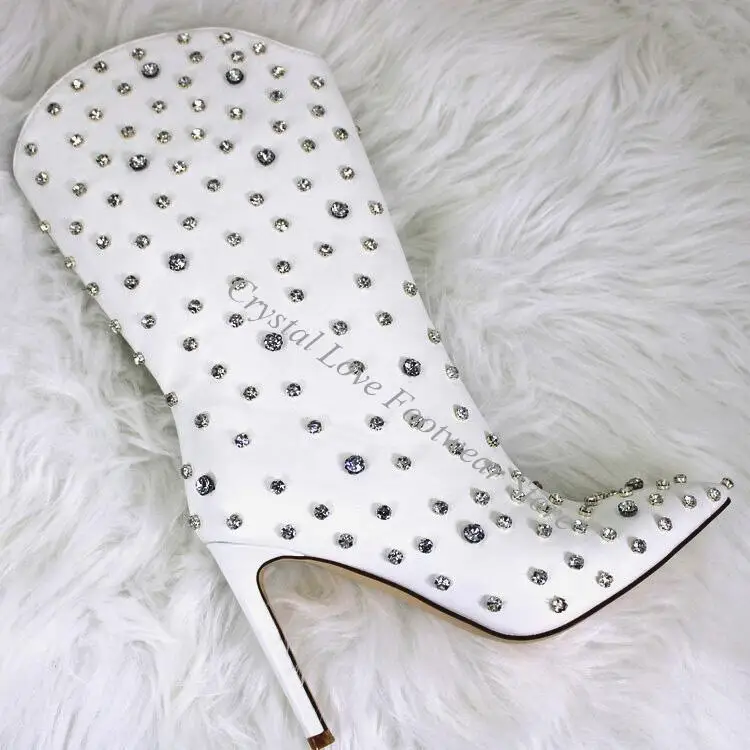 

Sexy Bling Rhinestone Studs White Leather Mid Boots Women Crystal Full Rivets Thin High Heels Zipper Knight Botas Female