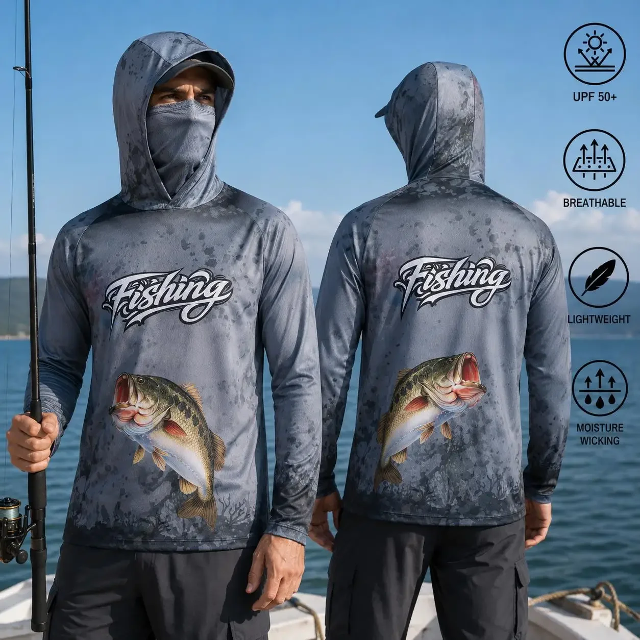 Fishing Shirt Hooded Men Fishing Clothes Long Sleeve Outdoor Summer Mask Hoody Tops Sun Protection Performance Jersey view 3