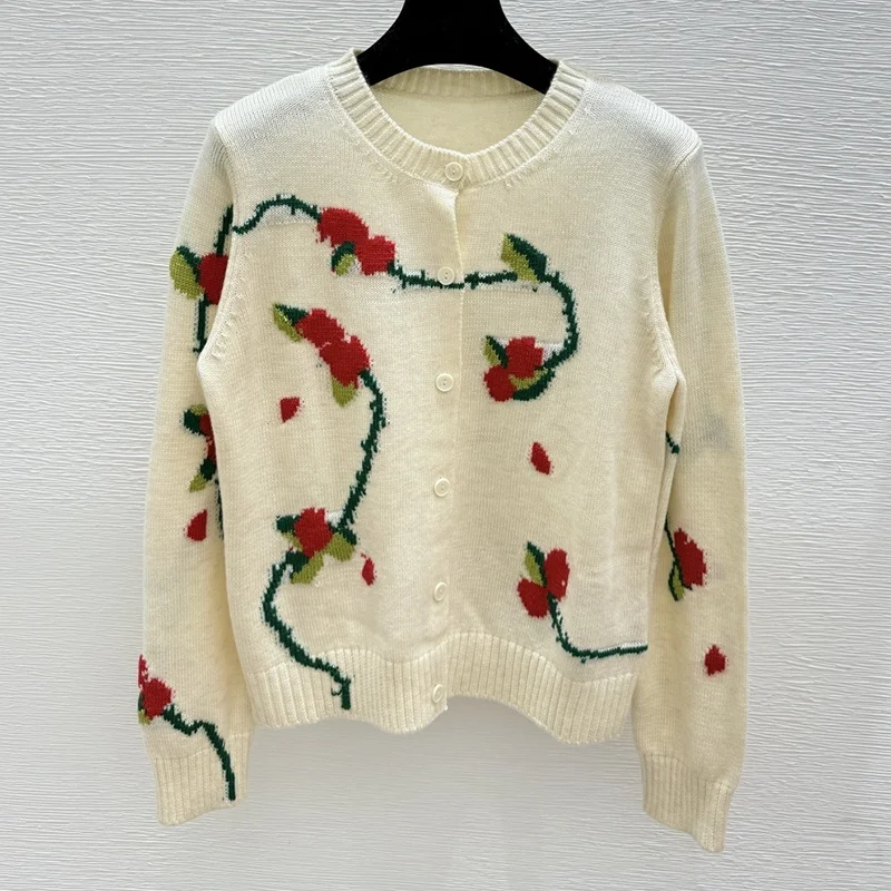 

Высококачественный женский кардиган с вышивкой, круглым вырезом на одной пуговице и свитер из шерстяной ткани 251004117