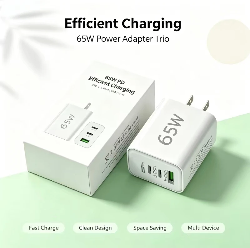 65W GaN Travel Charger US EU Plug Type‑C PD QC Fast Wall Power Adapter For iPhone Samsung Huawei Notebook Phone Charging Head