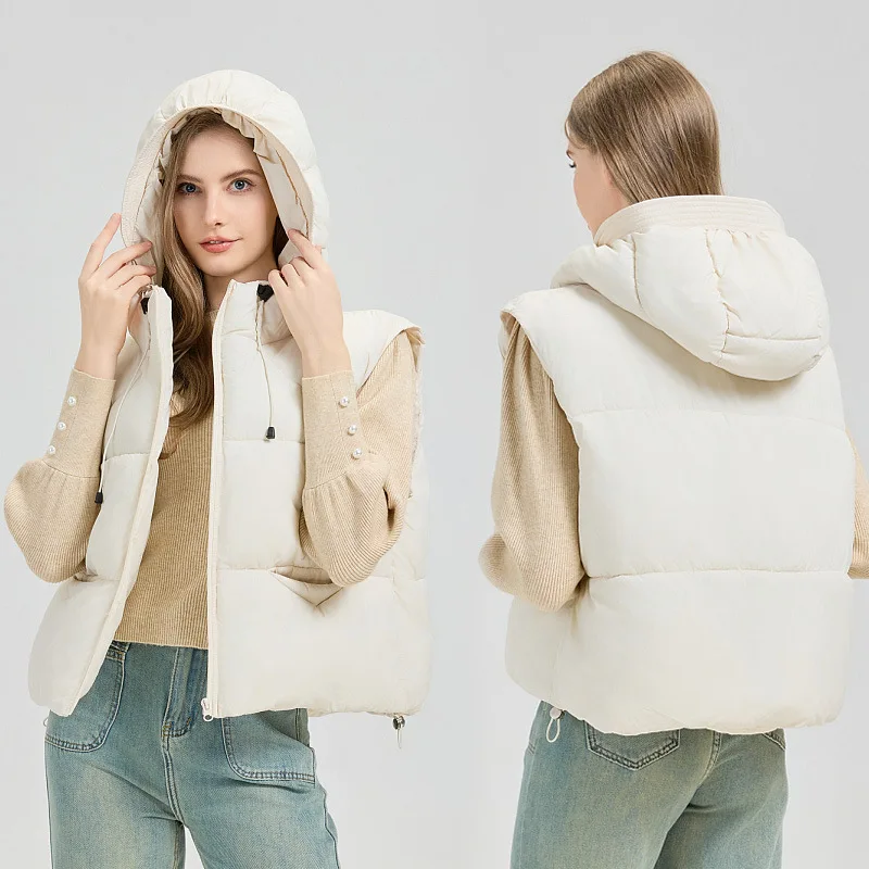 Women Hooded Parkas Vest Coats Solid Oversize Jacket Sleeveless Drawstring Hem Zipper Thick Loose Fit Casual 2025 Autumn Winter