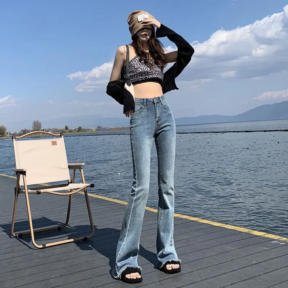 Invisible Open Crotch Outdoor Sex Elastic High Waisted Flared Jeans Slim Fit Women\'s Retro Micro Flared Pants