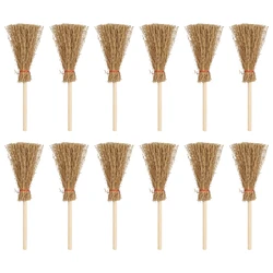 12pcs Mini Broom Red Rope Straw Brooms Hanging Decorations for Halloween Party Costume Witch Broom Dollhouse Accessories
