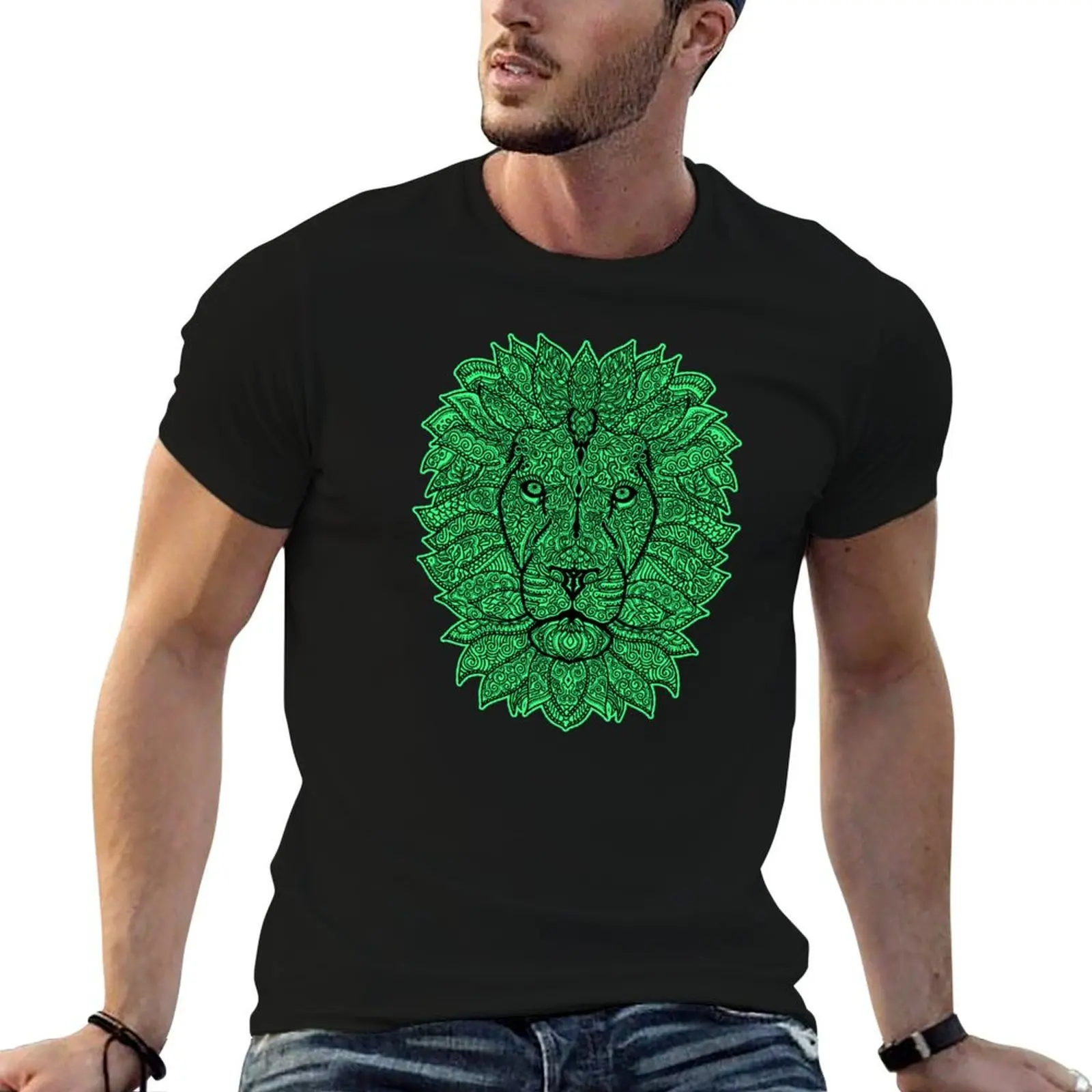 Symmetric lion face with artistic curves with contrasting vibrant light green background T-Shirt man t shirt graphic T-Shirt
