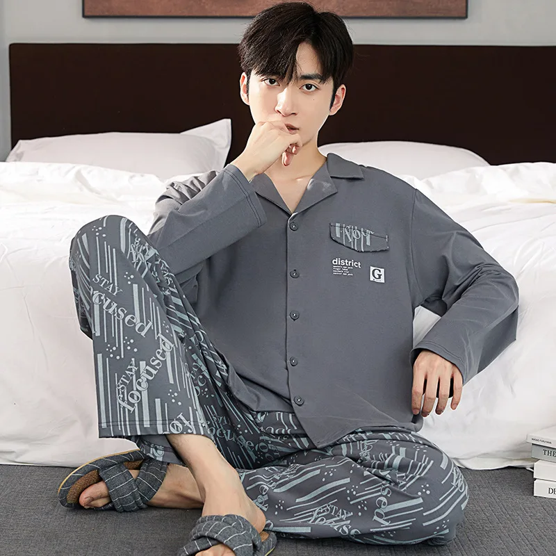 Long Sleeved Pajamas Home Clothes Pyjamas Men Sleepwear Lounge Homewear Sleep Shirt Pyjamas Set Cotton Nightwear Drop Ship