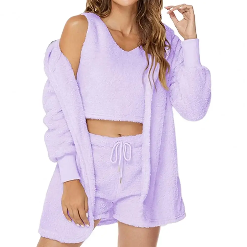 Conjunto de pijama feminino grosso com capuz, colete lounge e shorts, roupa caseira para outono e inverno, 3 peças por conjunto