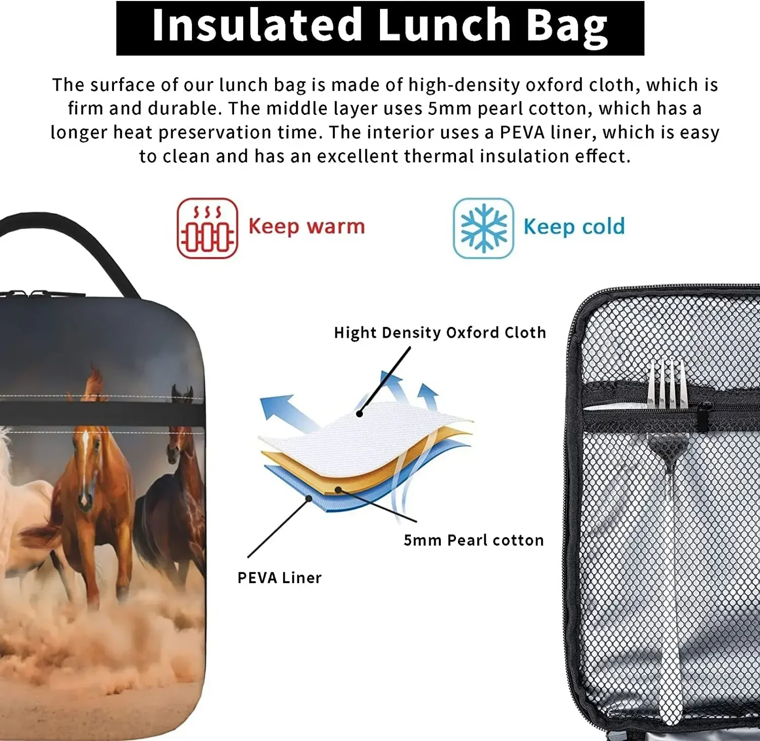 Lunch Bag Equine Themed Animals Galloping in The Sand Running Horses Pattern Reusable Lunch Box for Office School Picnic Beach