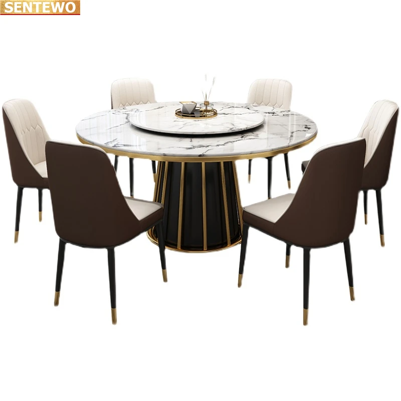 Designer Luxury round dinning Marble Rock Slab dining table set 4 6 8 chairs eettafel furniture meuble Stainless steel gold base