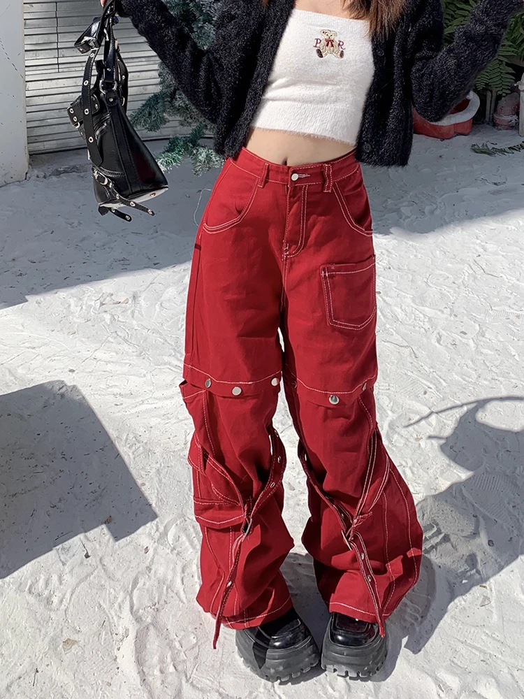 WCFCX STUDIO 2024 New Y2K Fashion Red Removable Baggy Cargo Jeans Casual Straight Pants Women Wide Leg Trousers