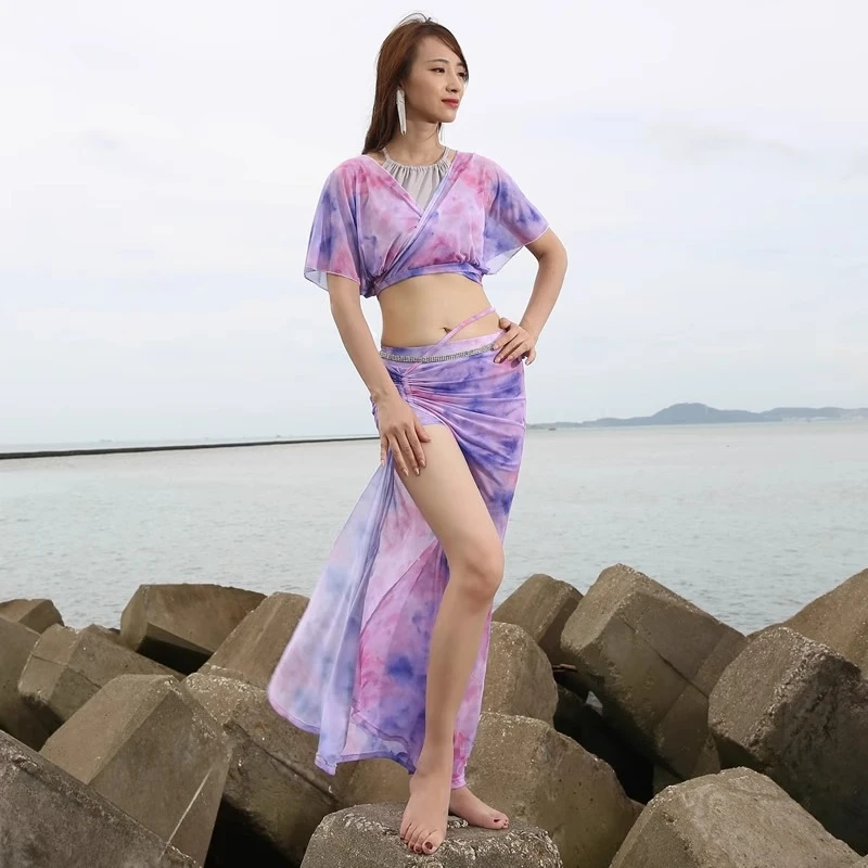 

customized belly dance costume practice outfit sexy performance dress female adult suit fashionable water gauze tops and skirts