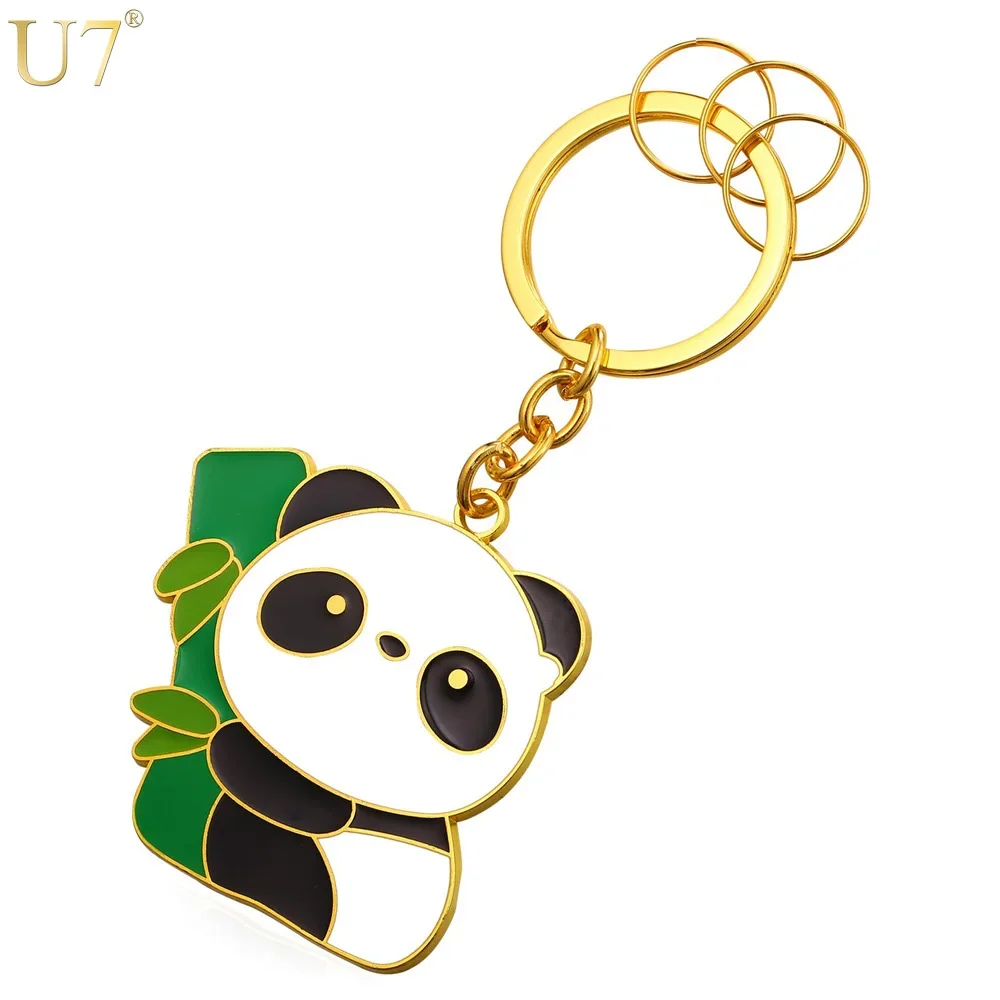 U7 Enamel Black and White Panda Green Bamboo Keychain for Men Women Gold Color Animal Keys Holder with 3pcs Small Rings K012