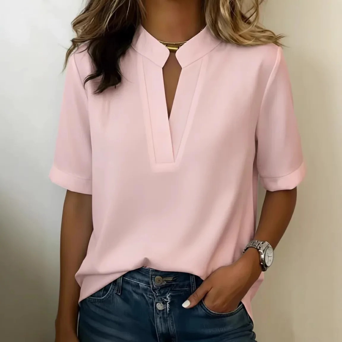 Women Solid Color Stand Collar Notch V Neck Short Sleeve Blouse, Loose Rolled Cuff Casual Top, Simple Elegant Commuter Shirt