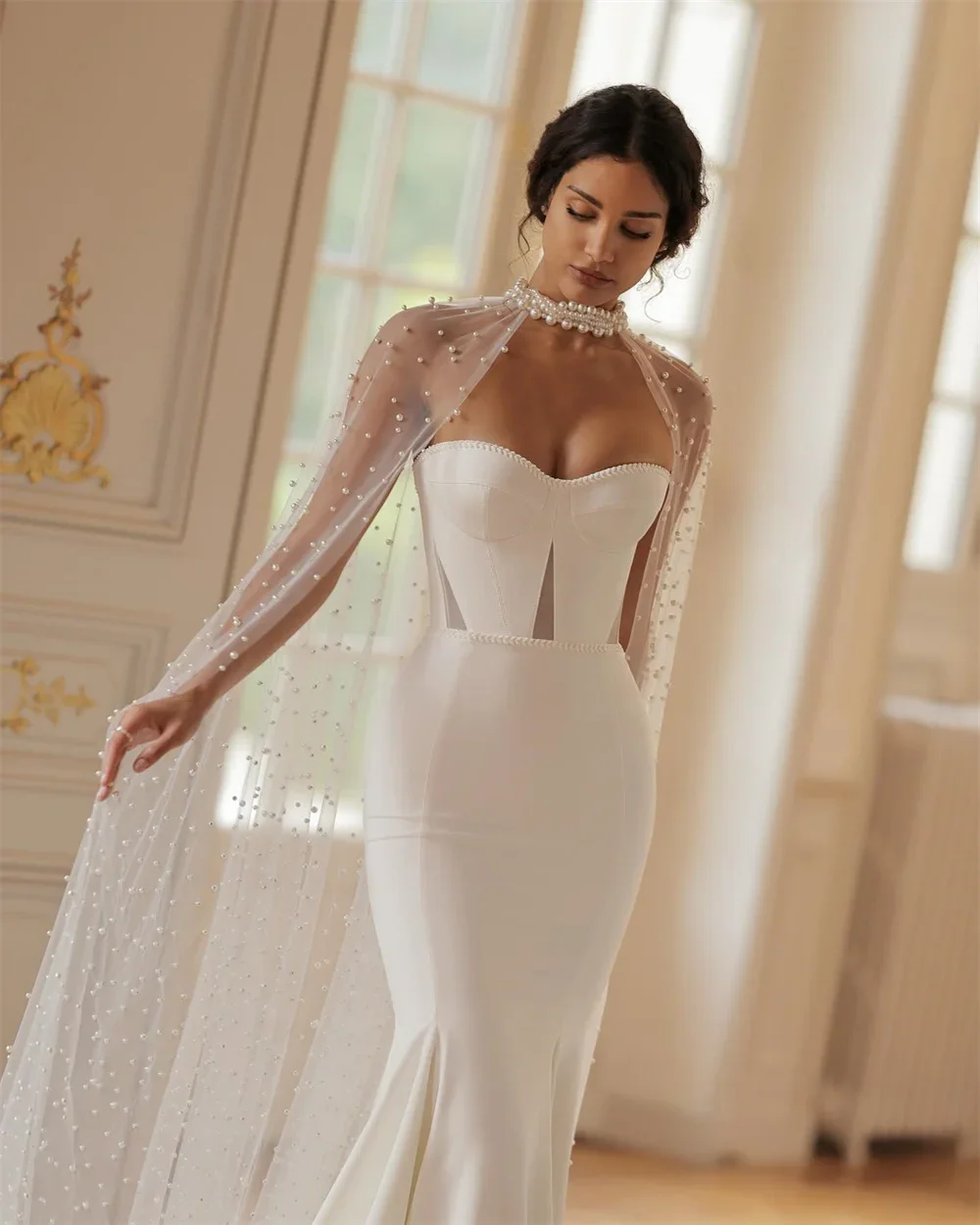 2025 Strapless Satin White Wedding Dress Sequin Cape Sweetheart Sheath Mermaid Wedding Dress Custom Beach Wedding Dress