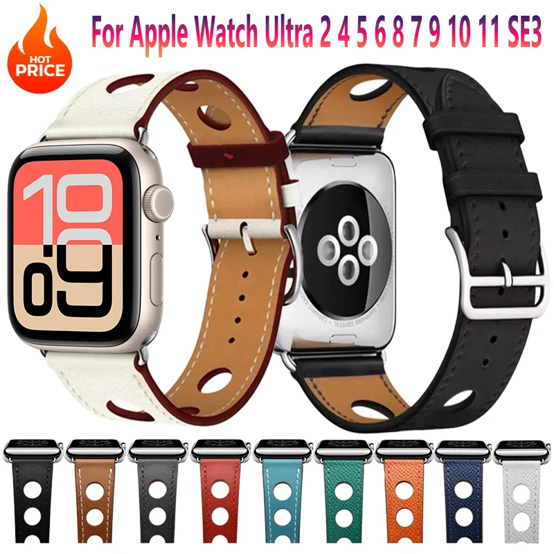 Leather Band For Apple Watch Ultra 10 9 8 7 6 5 4 SE Three-hole Leather Waterproof Strap iWatch 49mm 45mm 40mm 41mm 42mm 44/46mm