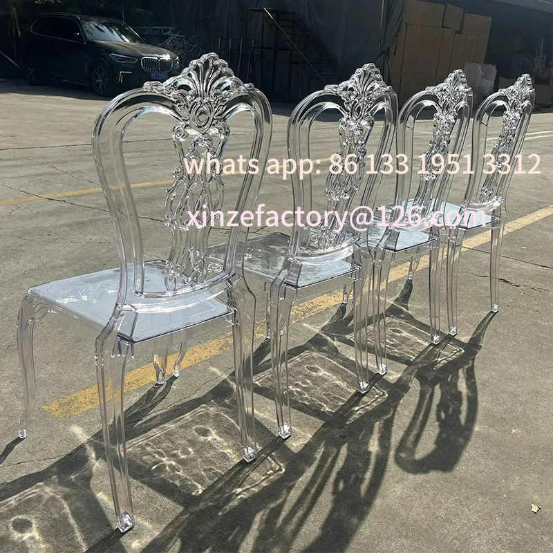 كرسي محكمة كريستالي قابل للتخصيص بسعر الجملة من الشركة المصنعة لقاعة الزفاف من الأكريليك الكريستالي كرسي زفاف شفاف قصر Transpa