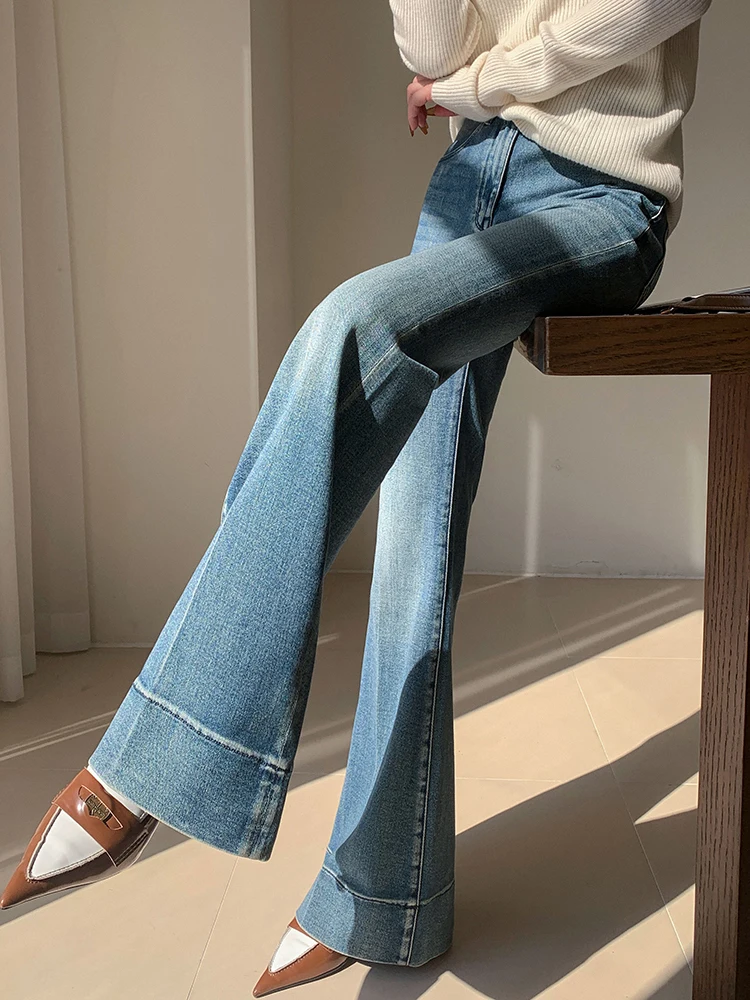 

Американские ретро-джинсы с высокой талией, расклешенные, женские, весна-осень, утягивающие, в пол, глубокого цвета