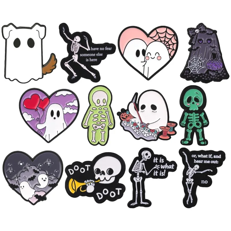 Halloween Boo Badges Cute Spooky Ghost Dog Enamel Pins Dancing Skeleton Brooch Cartoon Heart Shape Lover Accessory Gift