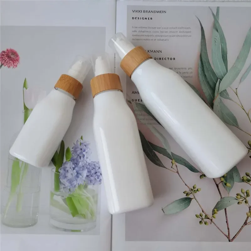 

whosesale square body lotion containers white sqaure porcelain bottle luxury cosmetic packaging container with bamboo cap lid