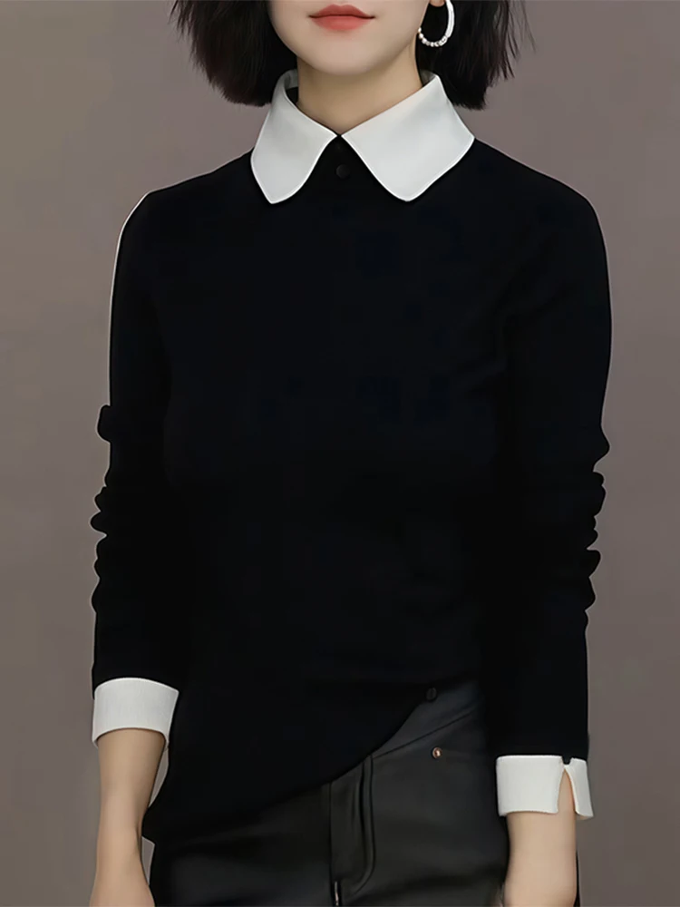 Black  Neck Long Sleeve Knitted Base Shirt Color Block Collar Women's Inner Wear Korean Style Polyester Fiber Regular Fit
