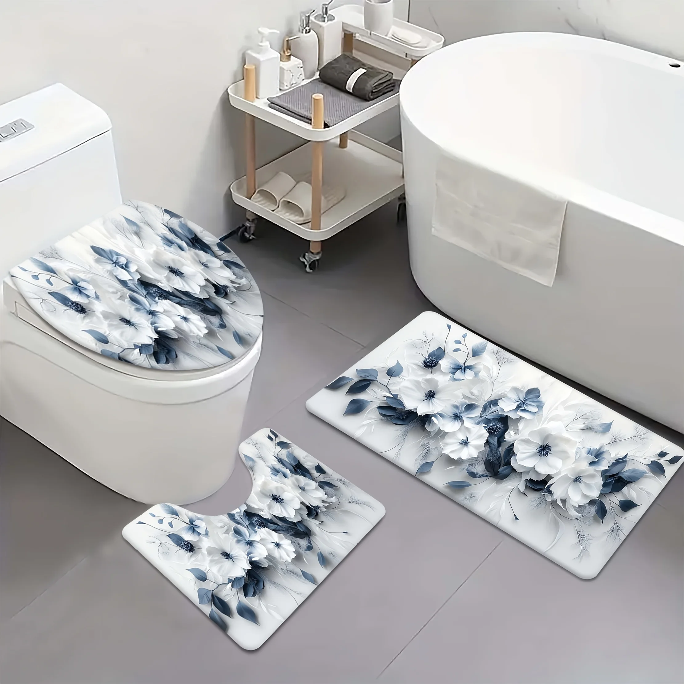 

Набор из 3 предметов с принтом для декора ванной комнаты, полиэфирная ткань, можно стирать в машине, U-образный коврик, чехол на сиденье унитаза, нескользящий коврик.