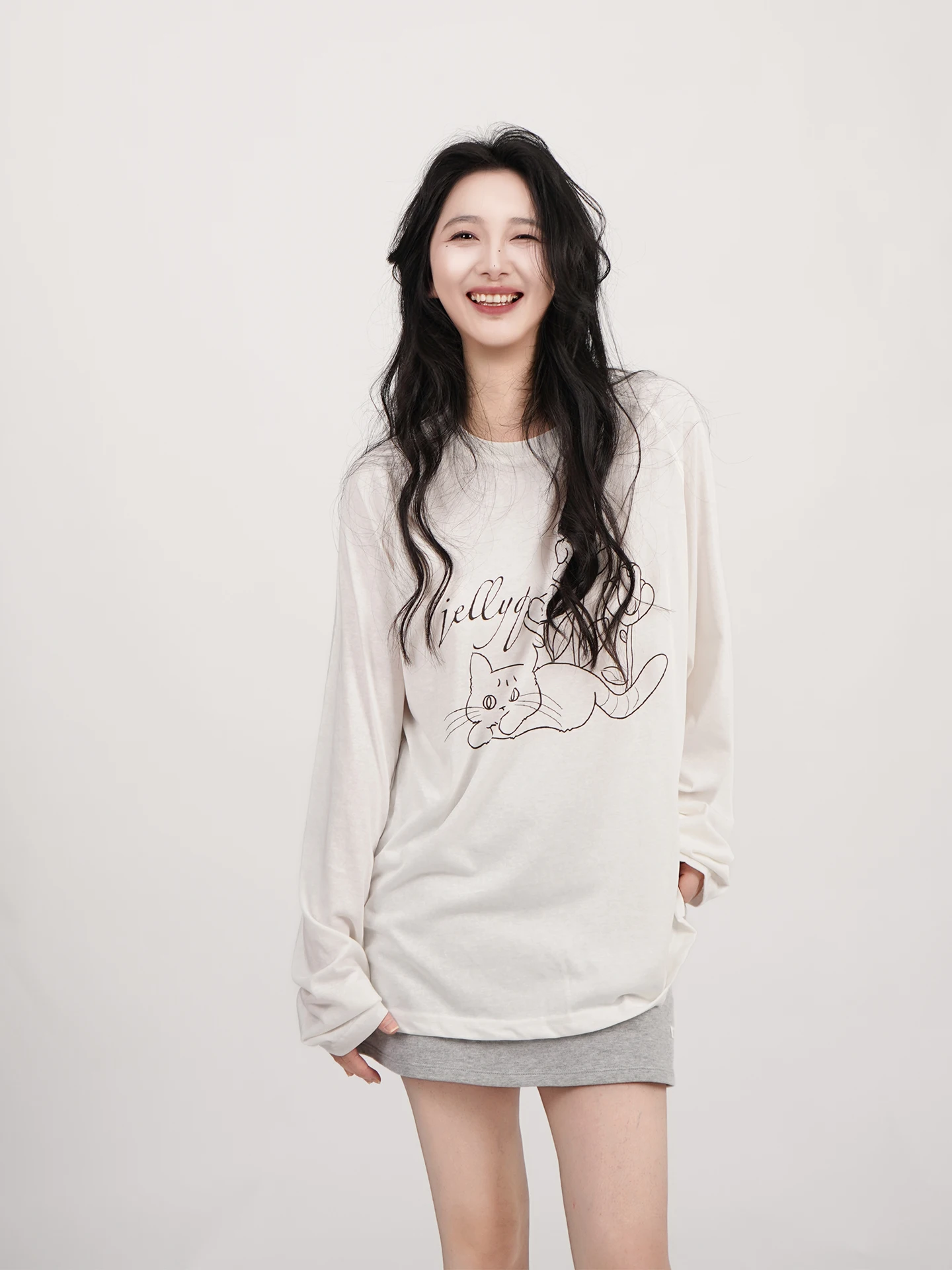 

JELLY Q, оригинальная длинная свободная женская футболка с забавным принтом, универсальная повседневная хлопковая футболка, удобный крой для девочек