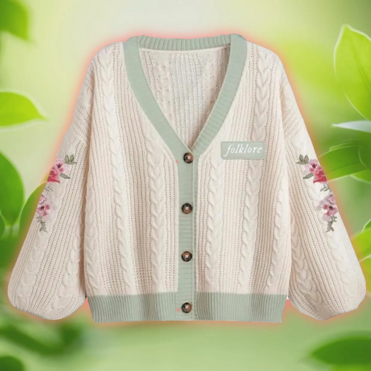 2024 Women Warm V-neck Knitted Folklore Beige Cardigan Female Autumn Flower Embroidery Cardigan Y2k Green Evermore Sweaters